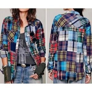 FREE PEOPLE Women Small  Patchwork Lost in Plaid Flannel Button Down Shirt